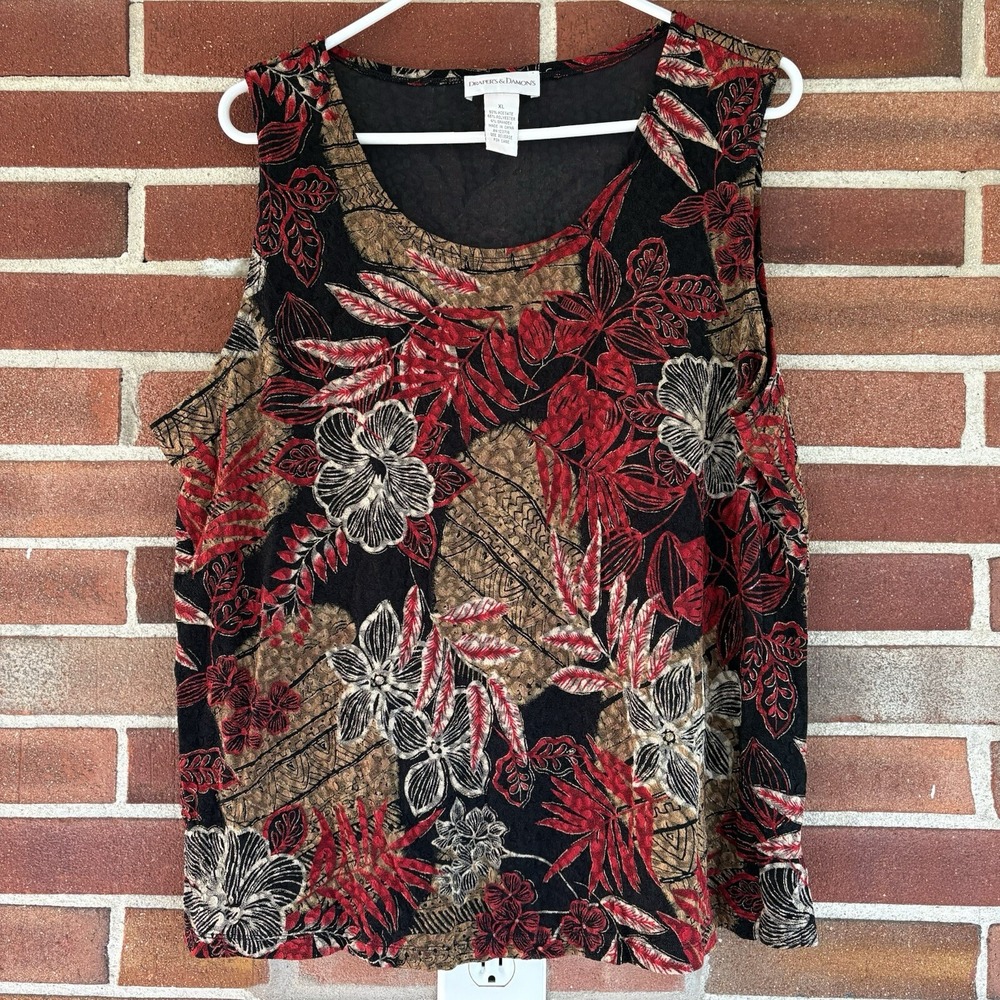Draper's & Damon's Black Red Brown Floral Shell Tank Top Women's Sz XL A3410